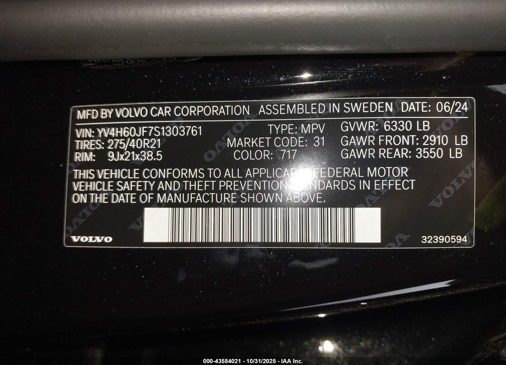 2025 VOLVO XC90 PLUG-IN HYBRID VIN: YV4H60JF7S1303761