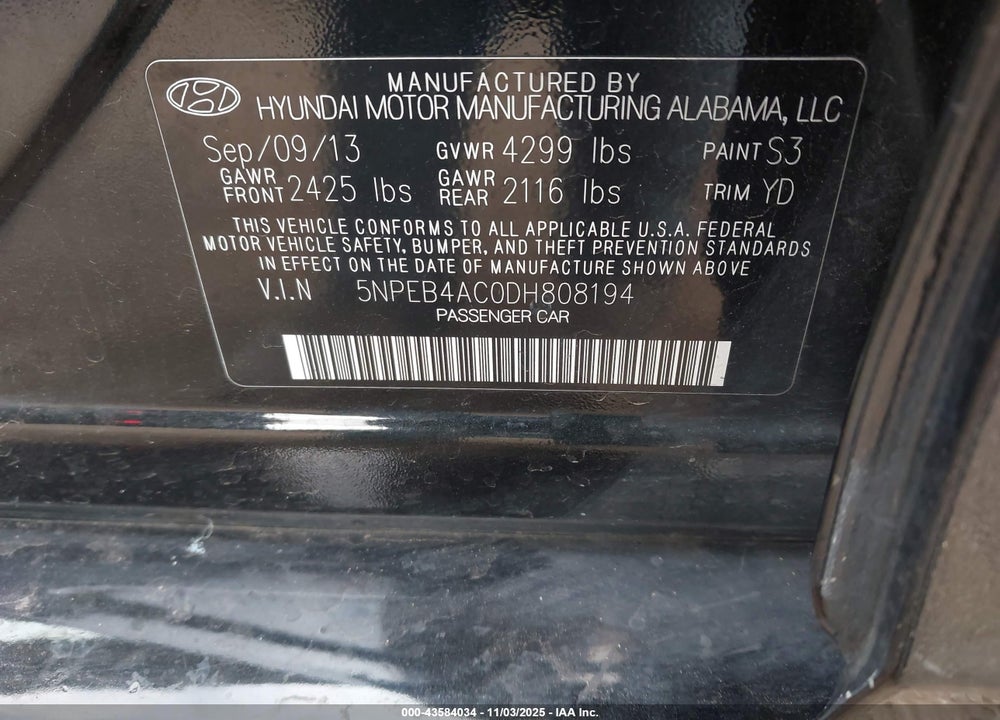 2013 HYUNDAI SONATA VIN: 5NPEB4AC0DH808194