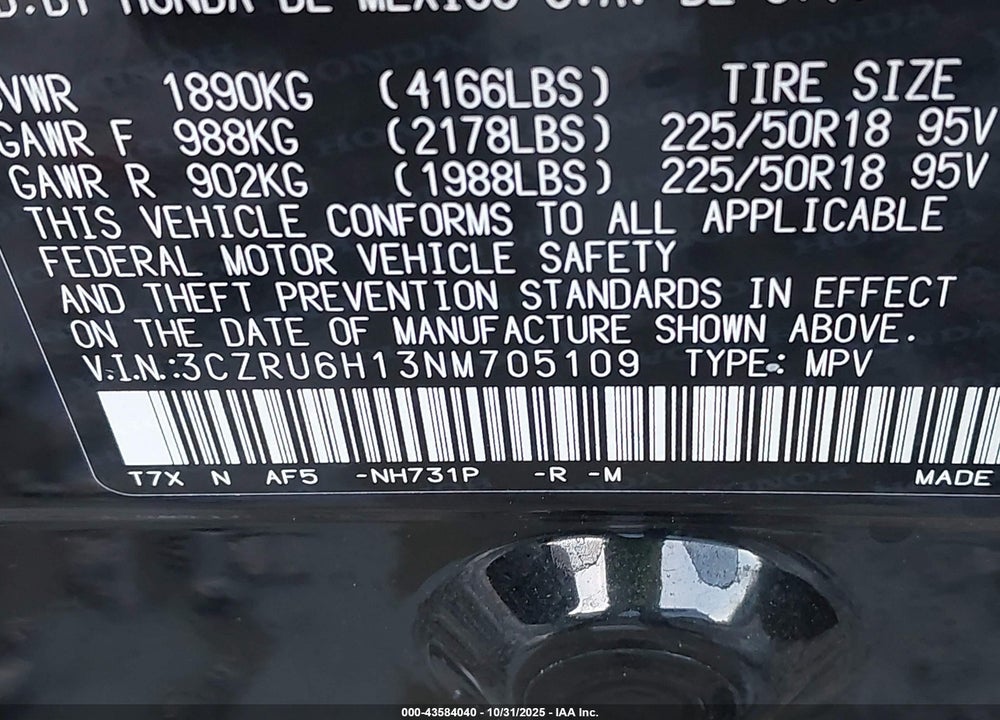 2022 HONDA HR-V VIN: 3CZRU6H13NM705109