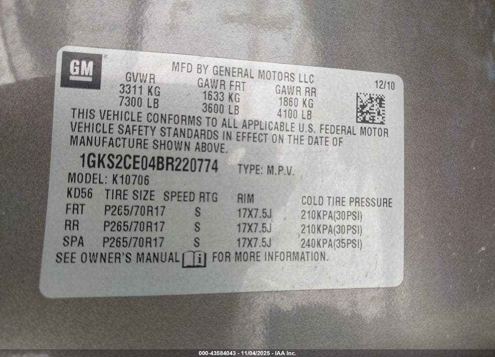2011 GMC YUKON SLT VIN: 1GKS2CE04BR220774