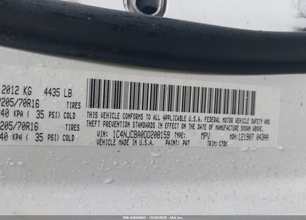 2013 JEEP COMPASS SPORT VIN: 1C4NJCBA0DD208159