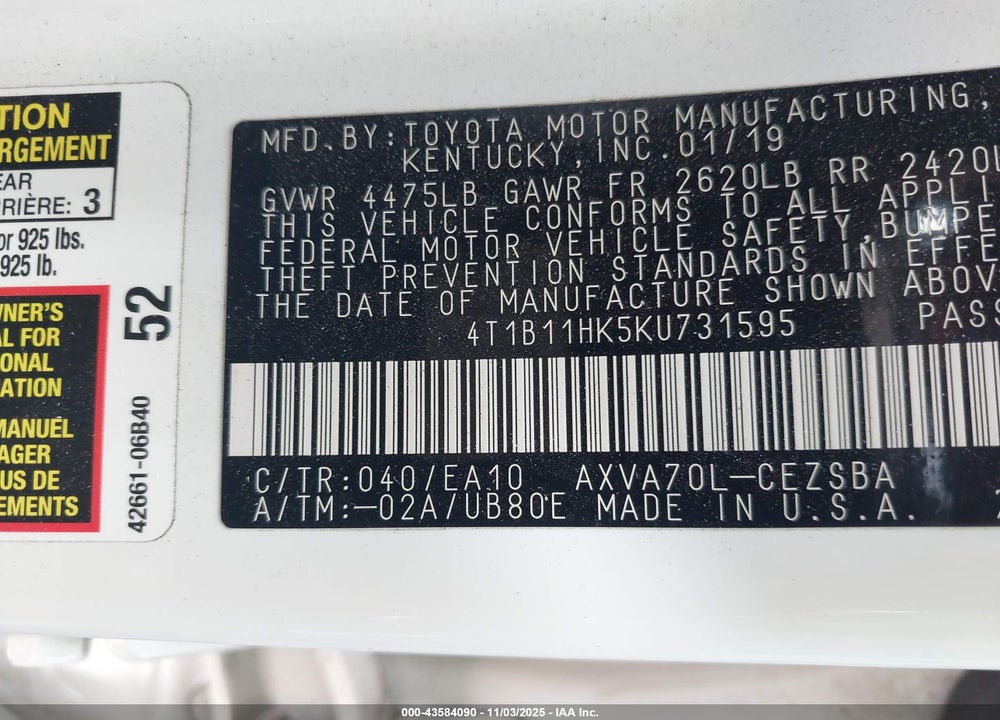 2019 TOYOTA CAMRY SE VIN: 4T1B11HK5KU731595