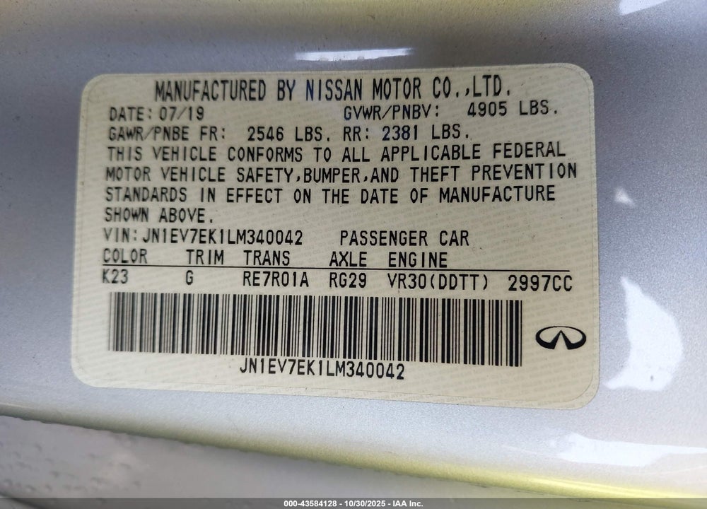 2020 INFINITI Q60 PURE VIN: JN1EV7EK1LM340042