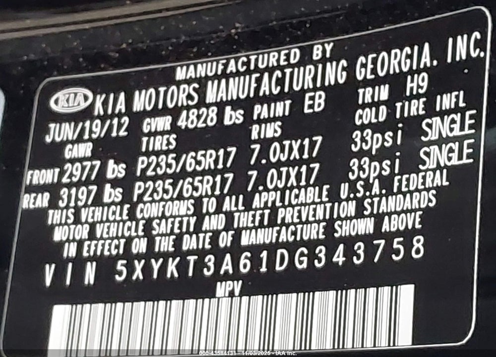 2013 KIA SORENTO LX VIN: 5XYKT3A61DG343758