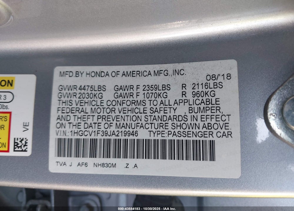 2018 HONDA ACCORD SPORT VIN: 1HGCV1F39JA219946