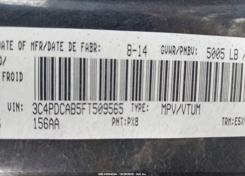 2015 DODGE JOURNEY VIN: 3C4PDCAB5FT509565