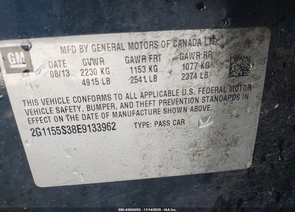 2014 CHEVROLET IMPALA 2LZ VIN: 2G1155S38E9133962