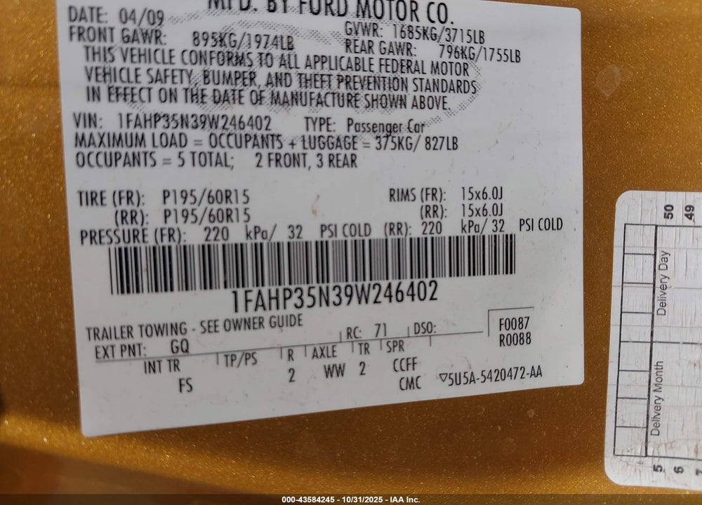 2009 FORD FOCUS VIN: 1FAHP35N39W246402