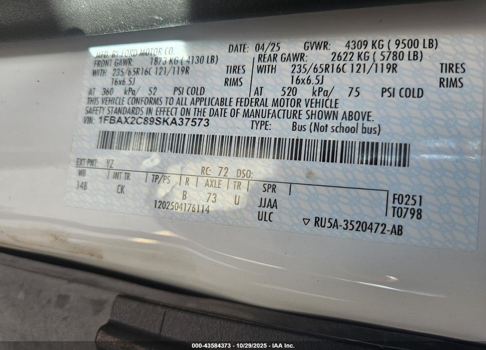 2025 FORD TRANSIT-350 PASSENGER VAN XLT VIN: 1FBAX2C89SKA37573