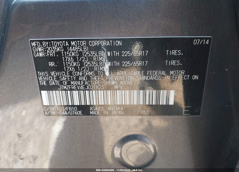 2014 TOYOTA RAV4 VIN: JTMZFREV4EJ021823