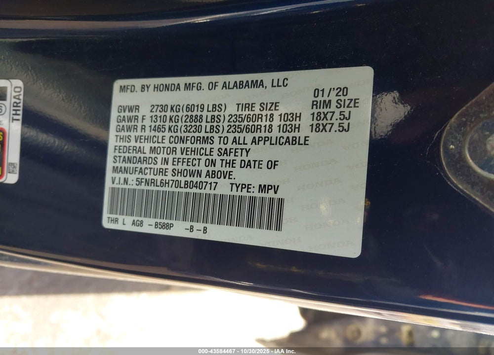 2020 HONDA ODYSSEY EX-L/EX-L W/NAVI RES VIN: 5FNRL6H70LB040717