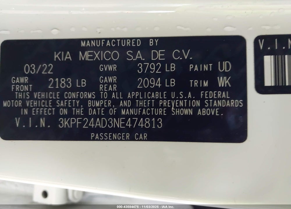 2022 KIA FORTE FE VIN: 3KPF24AD3NE474813
