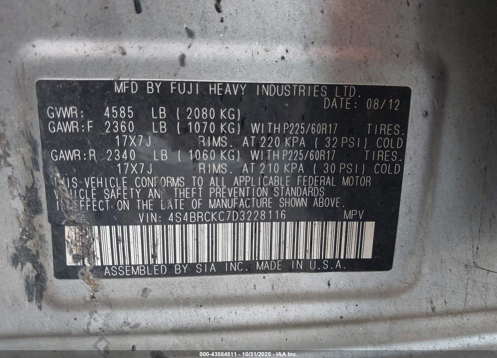 2013 SUBARU OUTBACK VIN: 4S4BRCKC7D3228116