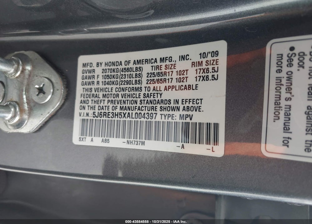 2010 HONDA CR-V VIN: 5J6RE3H5XAL004397