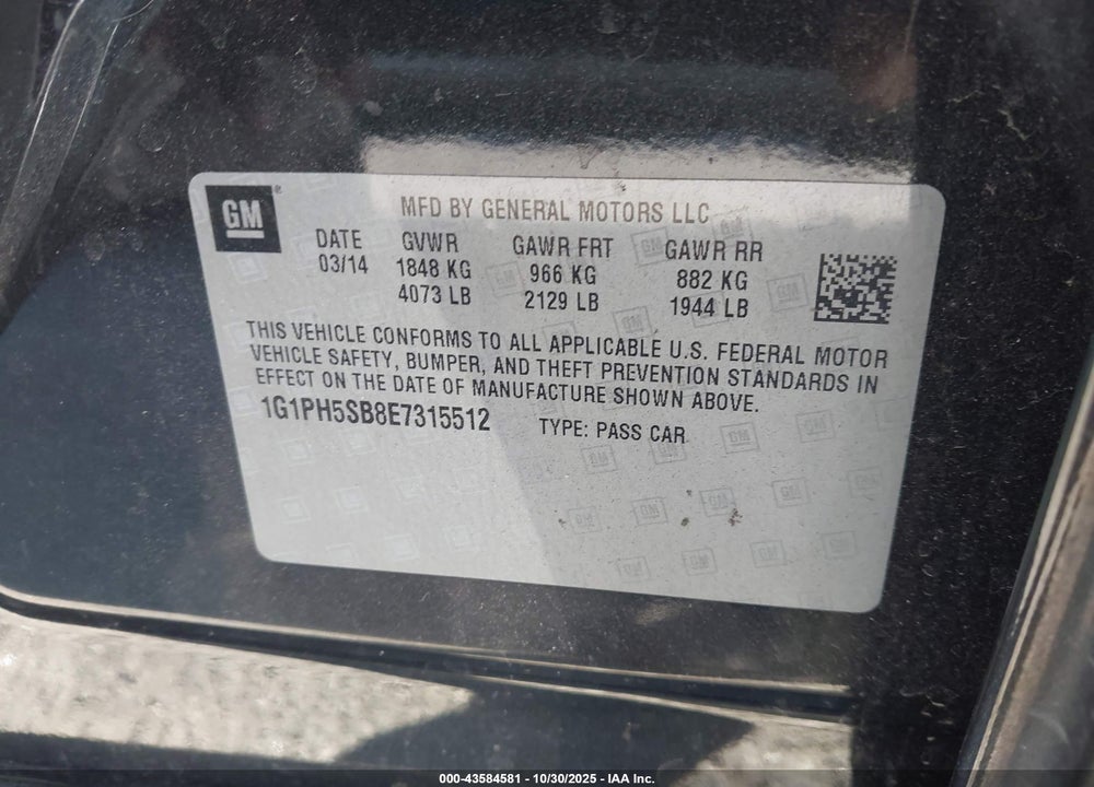2014 CHEVROLET CRUZE ECO AUTO VIN: 1G1PH5SB8E7315512