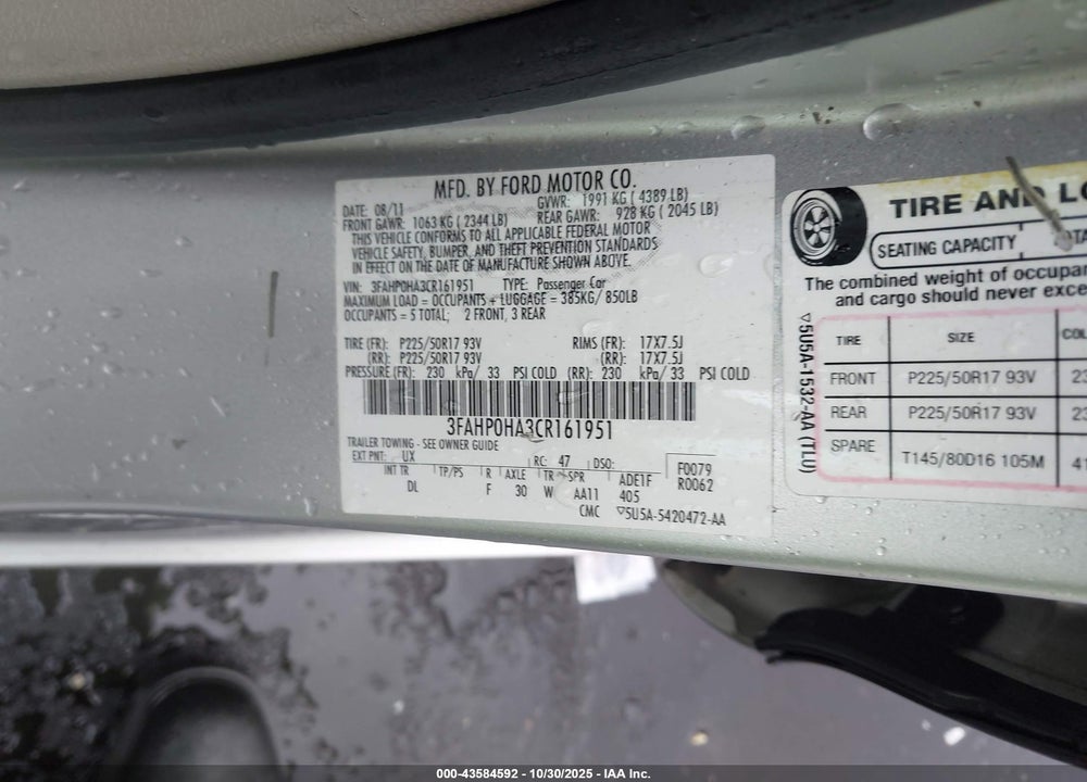 2012 FORD FUSION SE VIN: 3FAHP0HA3CR161951