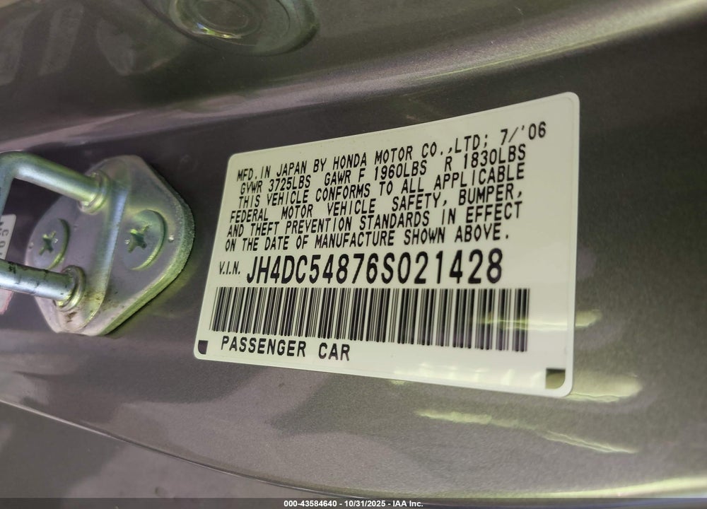 2006 ACURA RSX VIN: JH4DC54876S021428