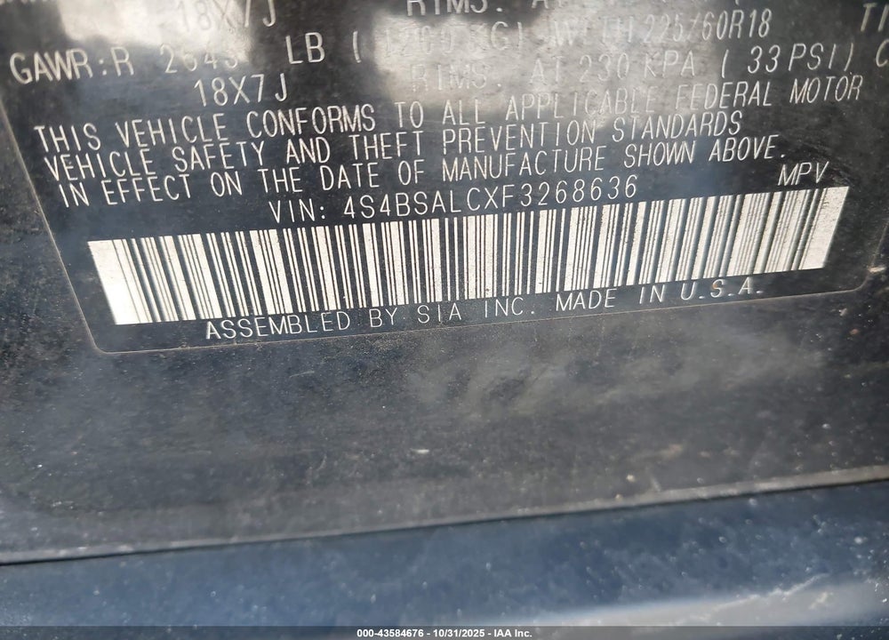 2015 SUBARU OUTBACK 2.5I LIMITED VIN: 4S4BSALCXF3268636