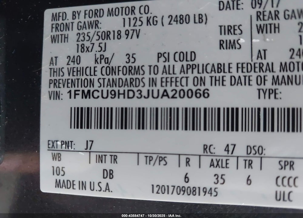 2018 FORD ESCAPE SEL VIN: 1FMCU9HD3JUA20066