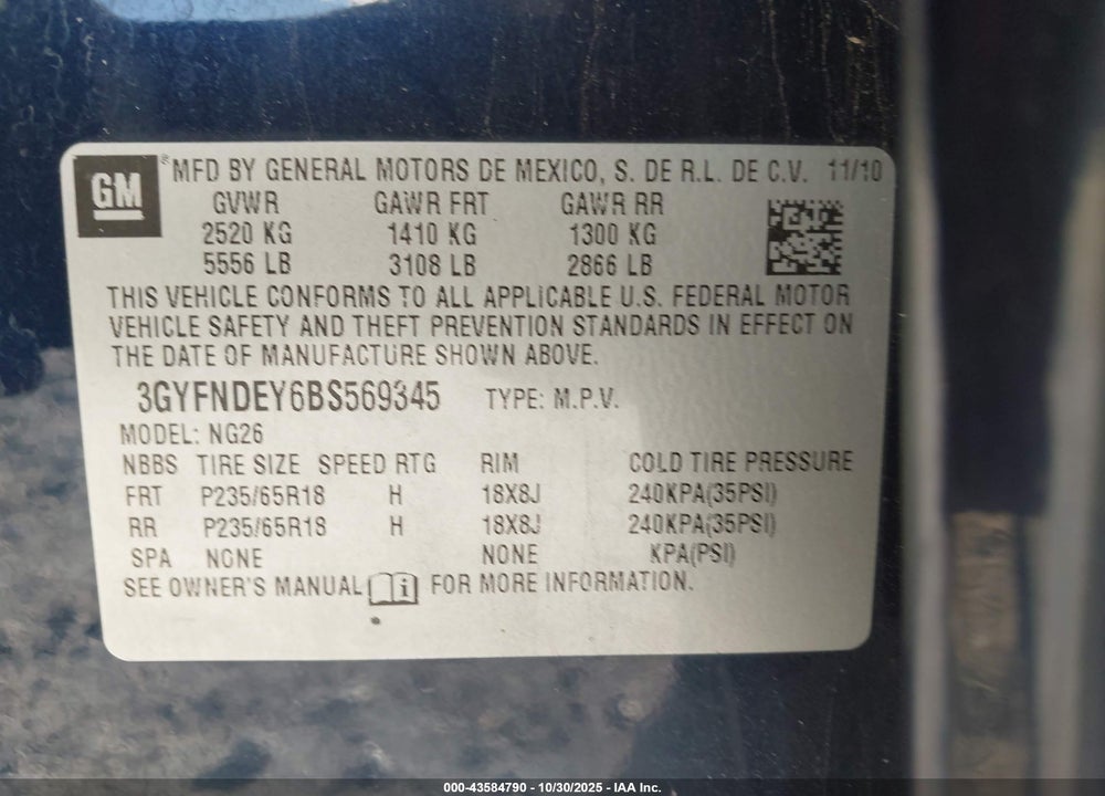 2011 CADILLAC SRX VIN: 3GYFNDEY6BS569345