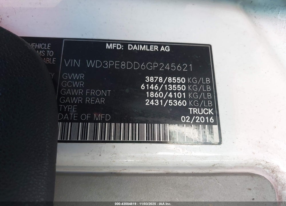 2016 MERCEDES-BENZ SPRINTER 2500 HIGH ROOF VIN: WD3PE8DD6GP245621