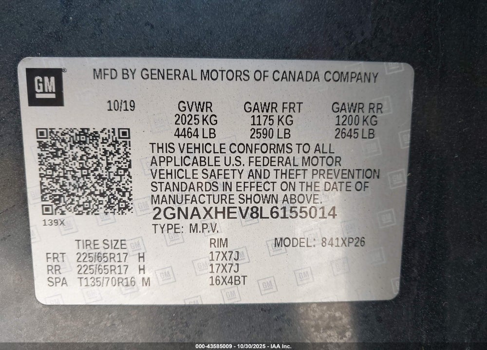 2020 CHEVROLET EQUINOX FWD LS VIN: 2GNAXHEV8L6155014