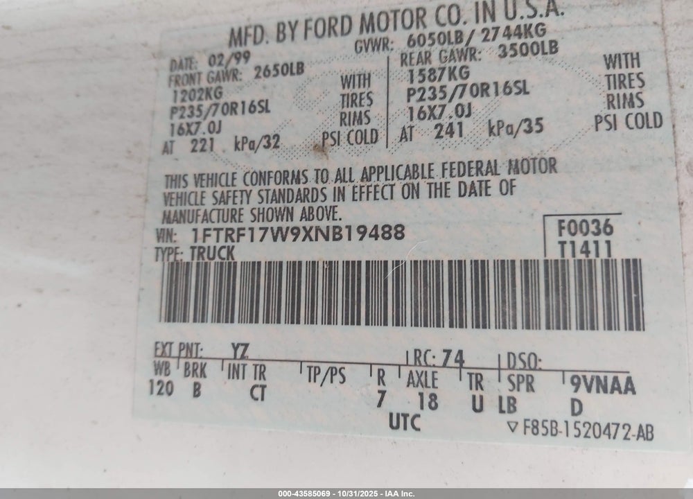 1999 FORD F-150 LARIAT/WORK SERIES/XL/XLT VIN: 1FTRF17W9XNB19488