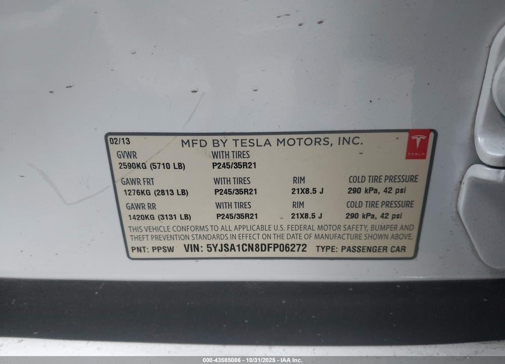 2013 TESLA MODEL S VIN: 5YJSA1CN8DFP06272