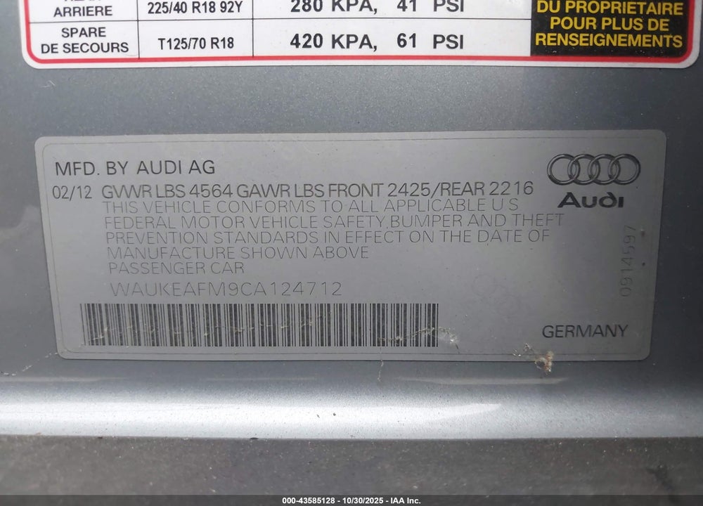 2012 AUDI A3 VIN: WAUKEAFM9CA124712