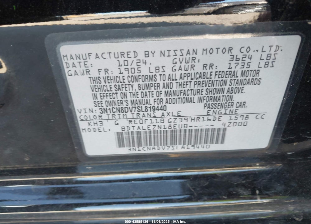2025 NISSAN VERSA 1.6 S+ VIN: 3N1CN8DV7SL819440