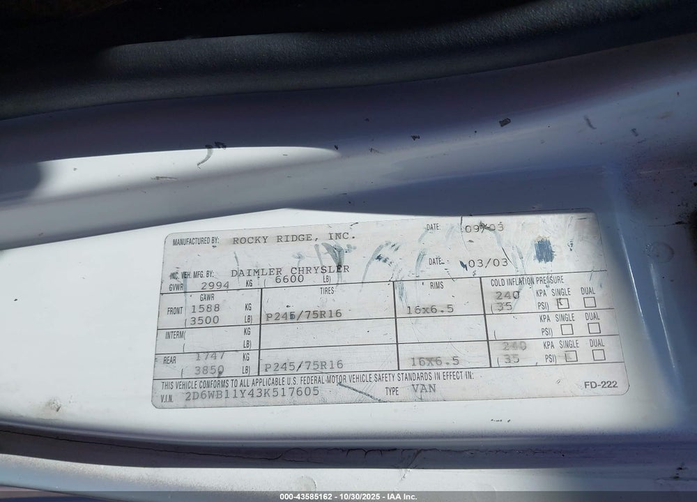2003 DODGE RAM VAN 1500 CONVERSION VIN: 2D6WB11Y43K517605