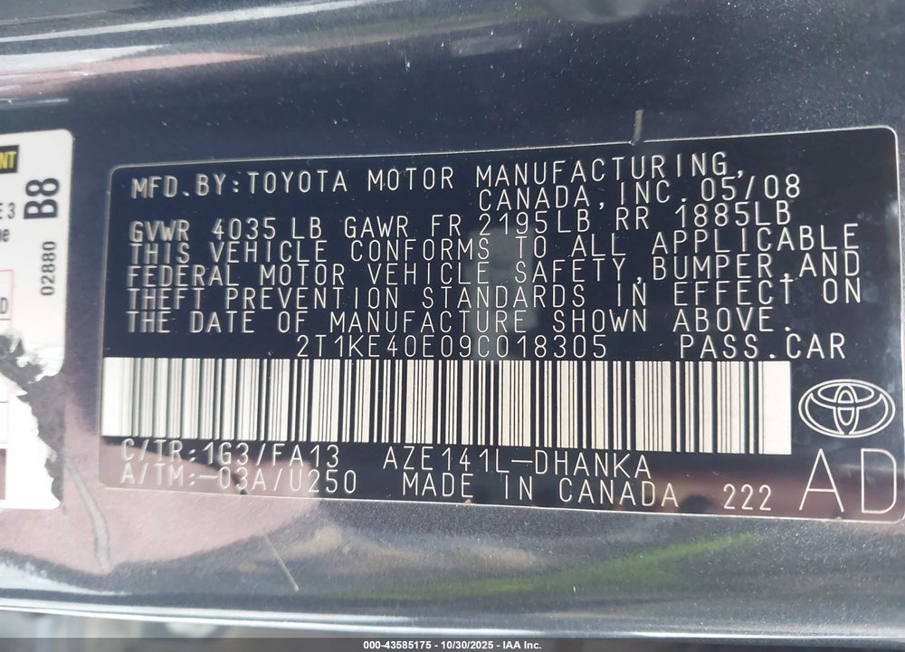 2009 TOYOTA MATRIX VIN: 2T1KE40E09C018305