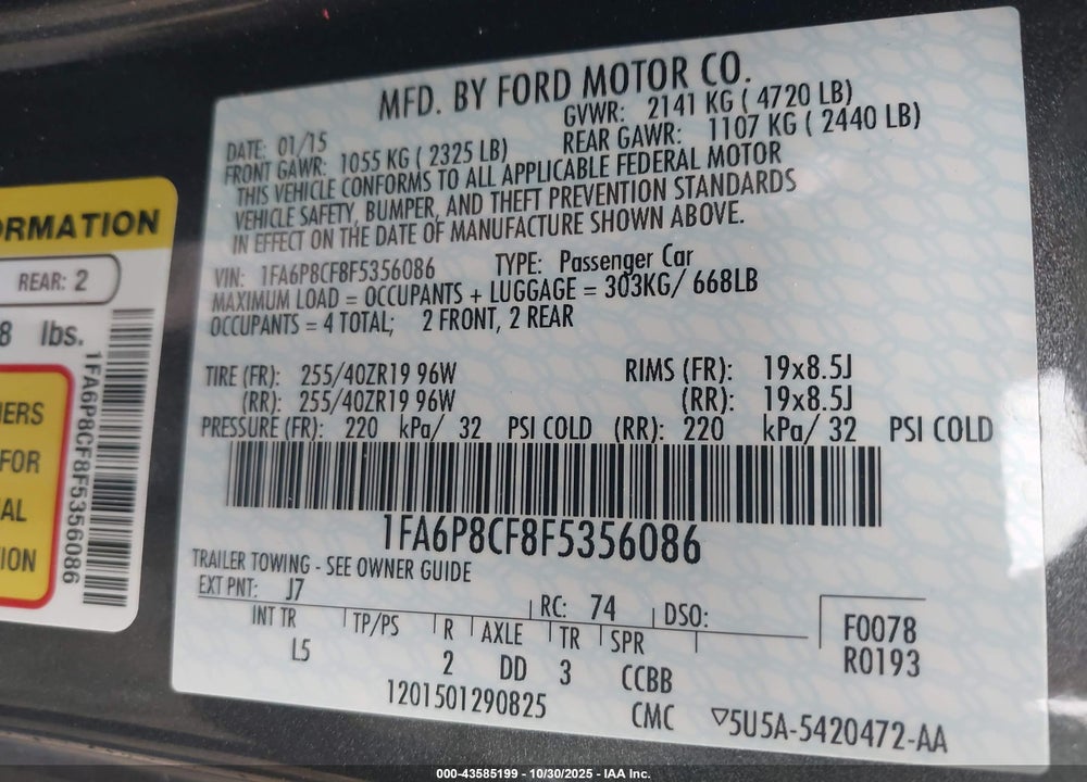 2015 FORD MUSTANG GT PREMIUM VIN: 1FA6P8CF8F5356086