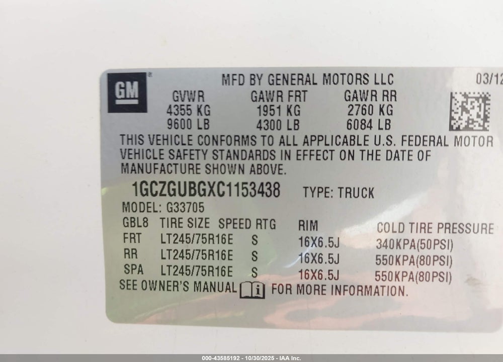 2012 CHEVROLET EXPRESS 3500 WORK VAN VIN: 1GCZGUBGXC1153438