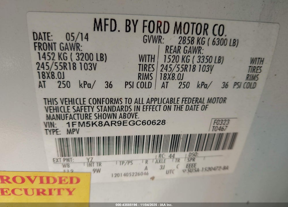 2014 FORD POLICE INTERCEPTOR UTILITY VIN: 1FM5K8AR9EGC60628