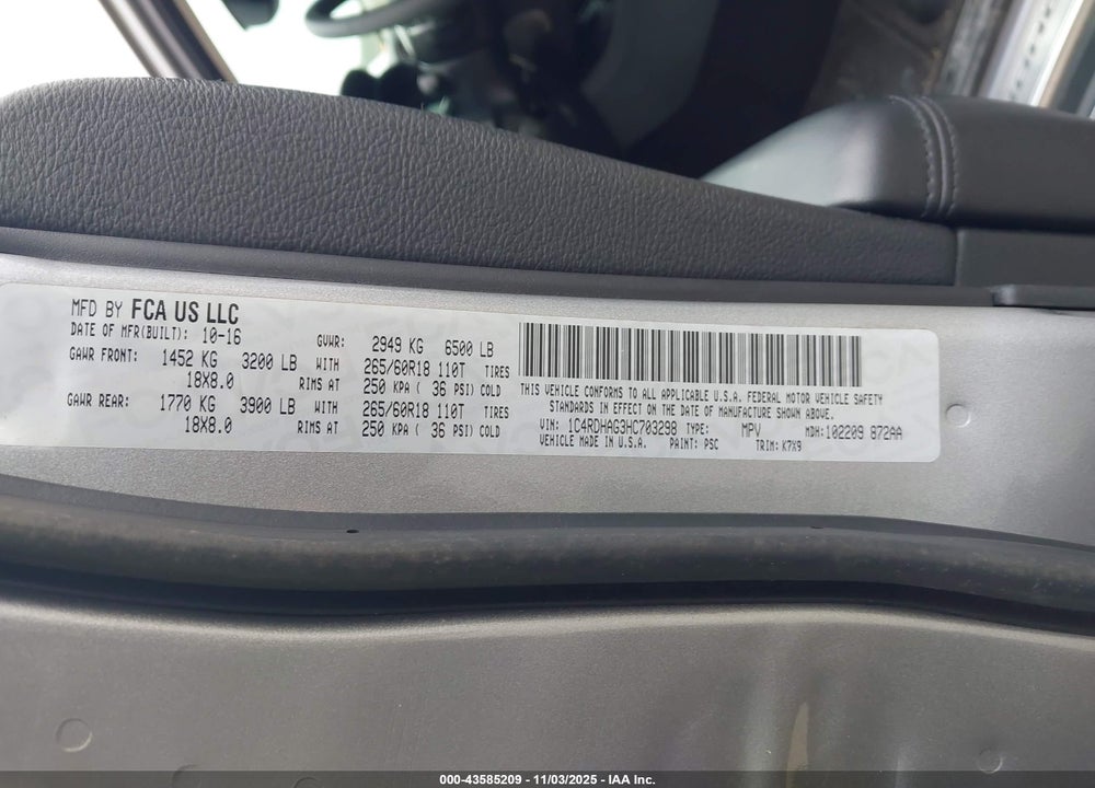 2017 DODGE DURANGO SXT RWD VIN: 1C4RDHAG3HC703298