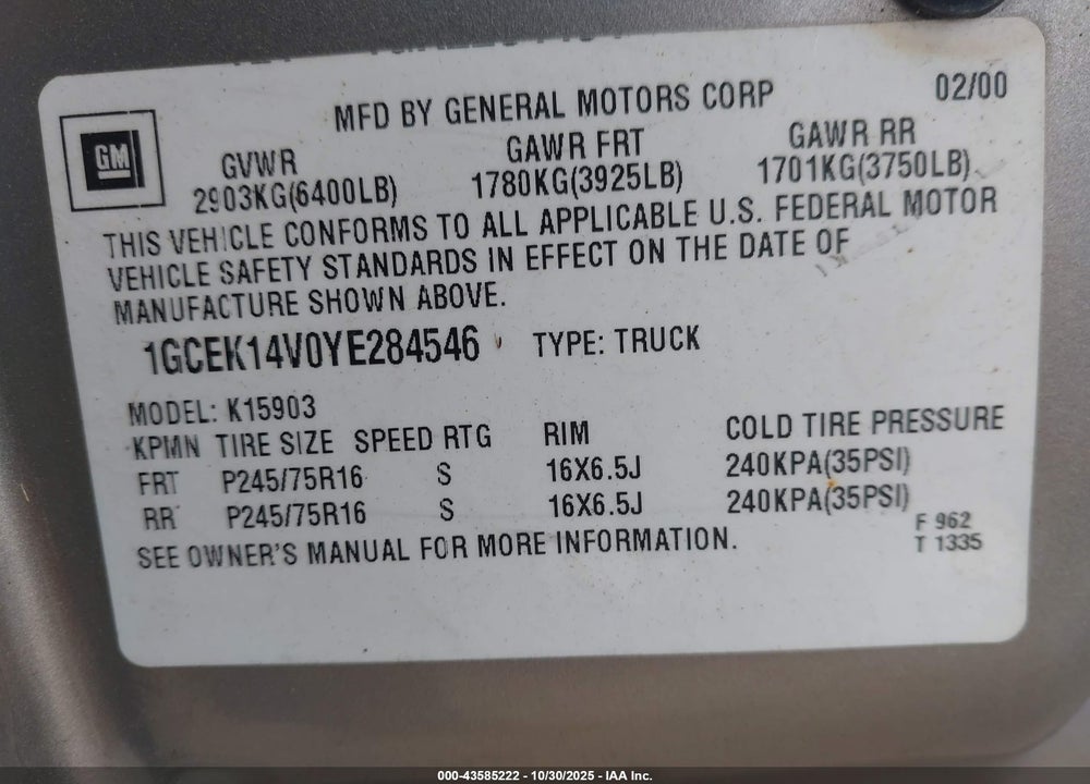 2000 CHEVROLET SILVERADO 1500 VIN: 1GCEK14V0YE284546
