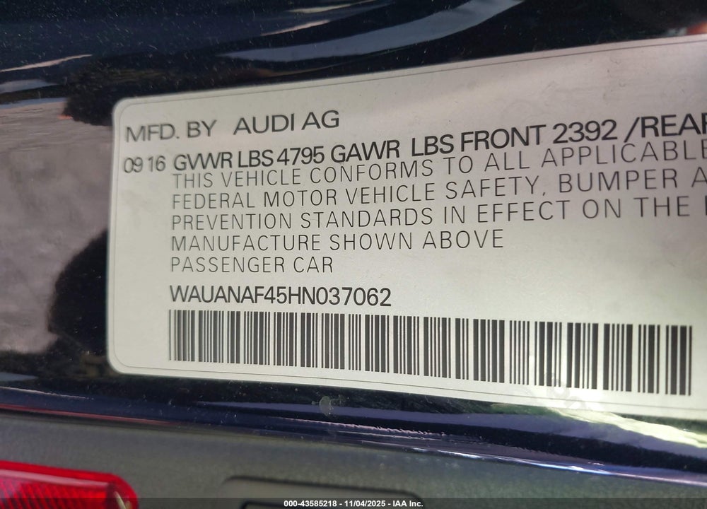 2017 AUDI A4 2.0T PREMIUM VIN: WAUANAF45HN037062