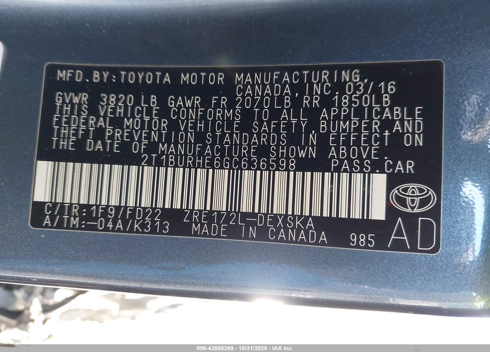 2016 TOYOTA COROLLA L/LE/LE PLS/PRM/S/S PLS VIN: 2T1BURHE6GC636598