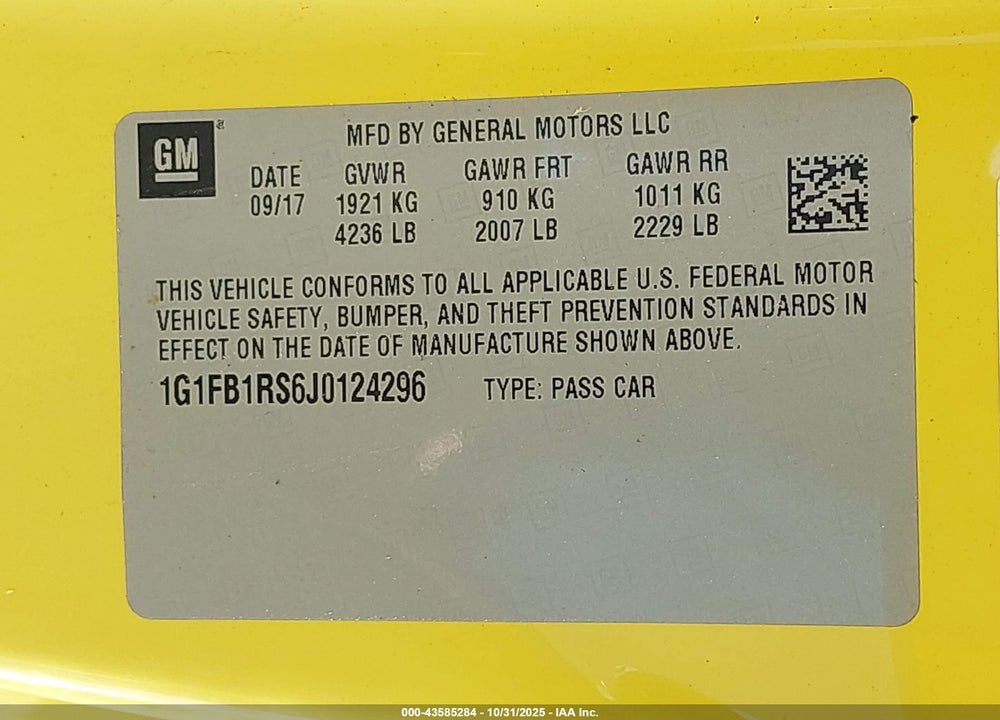2018 CHEVROLET CAMARO 1LT VIN: 1G1FB1RS6J0124296