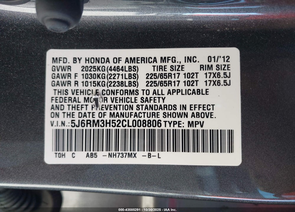2012 HONDA CR-V EX VIN: 5J6RM3H52CL008806