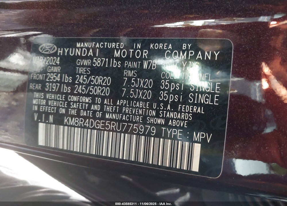 2024 HYUNDAI PALISADE VIN: KM8R4DGE5RU775979