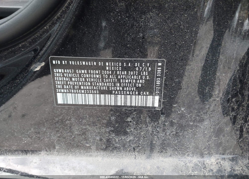 2019 VOLKSWAGEN JETTA 1.4T S VIN: 3VWN57BU5KM233563