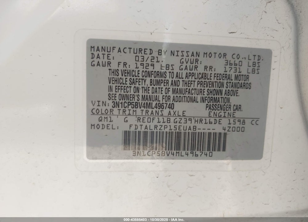 2021 NISSAN KICKS S XTRONIC CVT VIN: 3N1CP5BV4ML496740