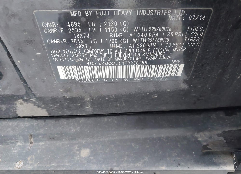 2015 SUBARU OUTBACK 2.5I LIMITED VIN: 4S4BSAJC1F3208358
