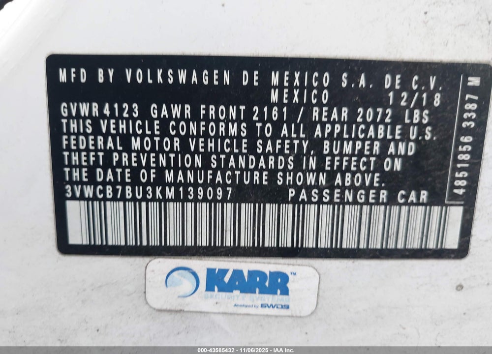 2019 VOLKSWAGEN JETTA 1.4T R-LINE/1.4T S/SE VIN: 3VWCB7BU3KM139097