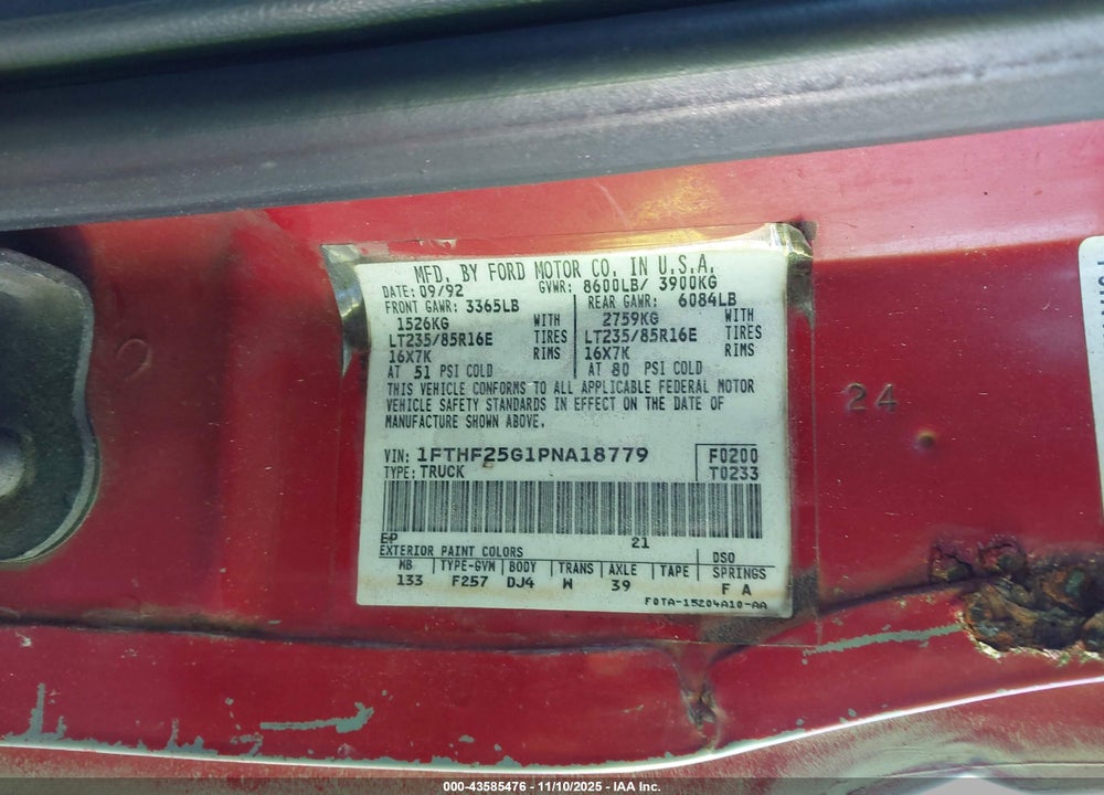1993 FORD F250 VIN: 1FTHF25G1PNA18779