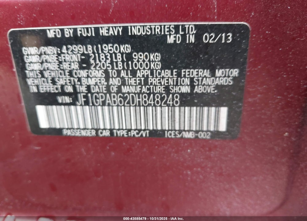 2013 SUBARU IMPREZA 2.0I PREMIUM VIN: JF1GPAB62DH848248