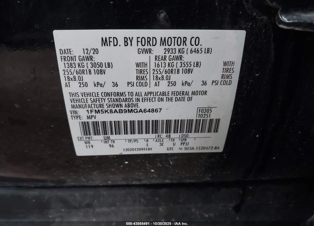 2021 FORD POLICE INTERCEPTOR UTILITY VIN: 1FM5K8AB9MGA64867