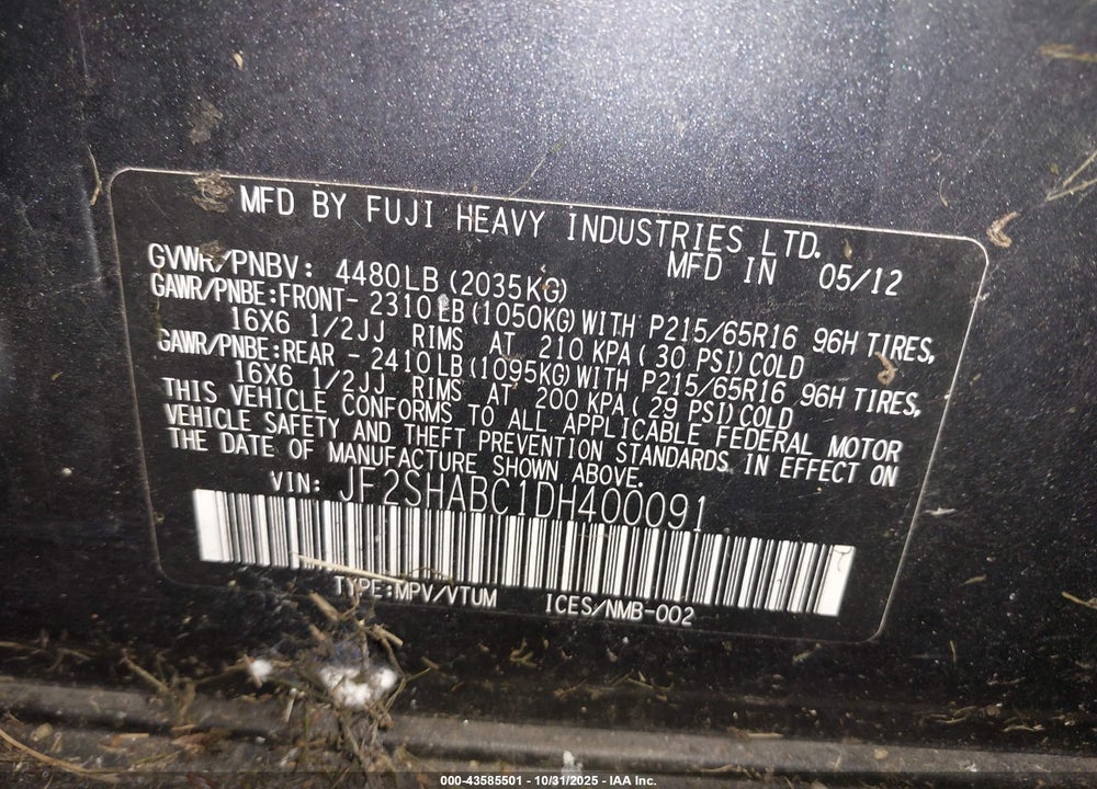 2013 SUBARU FORESTER VIN: JF2SHABC1DH400091